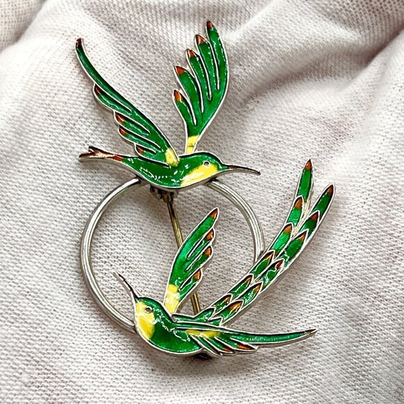 A. DRAGSTED Denmark Sterling Silver Enamel Hummingbirds Bird Brooch Pin 1950s - Picture 4 of 8